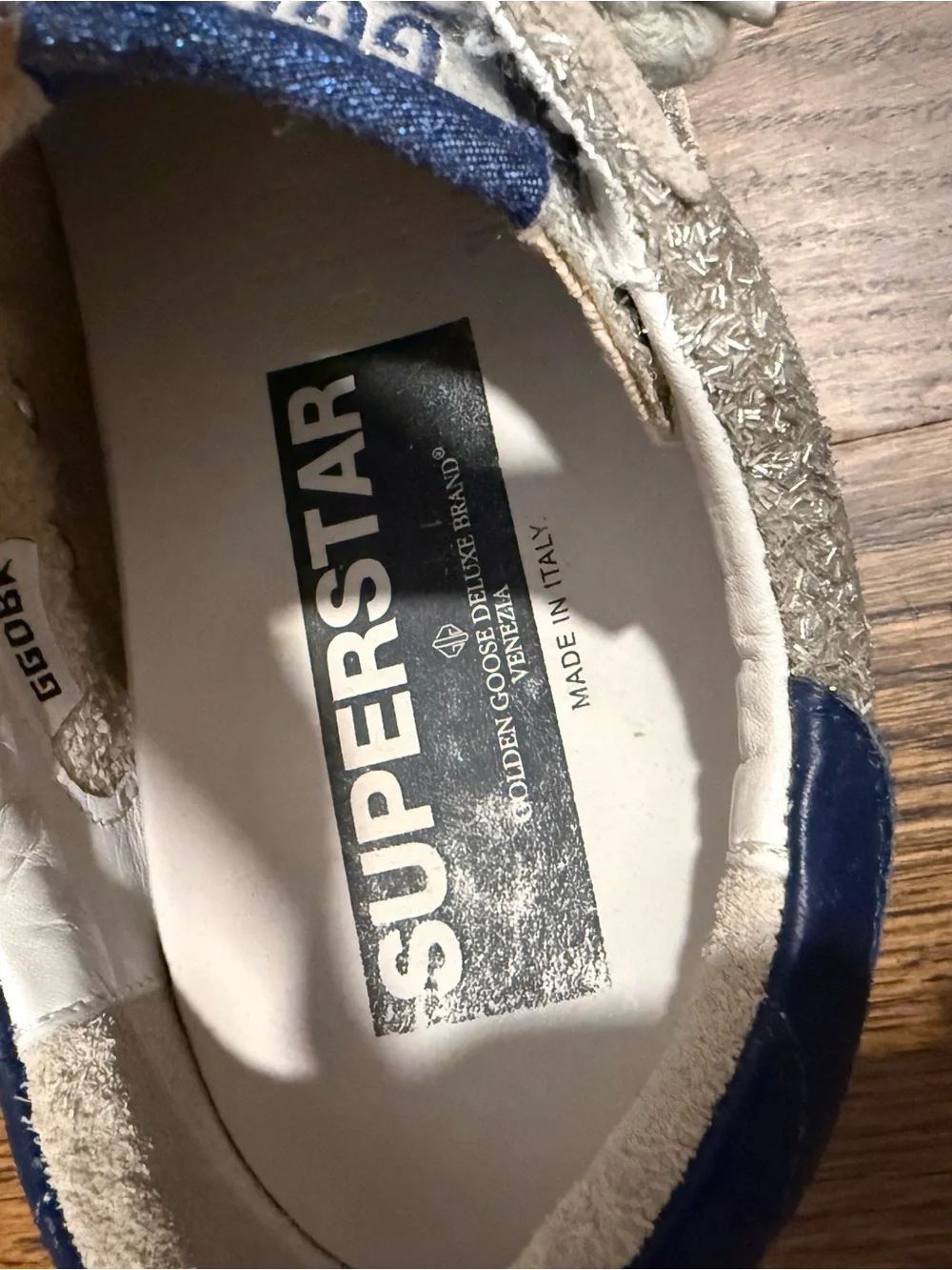 Golden Goose Silver Glitter Superstar Sneakers with Blue Heel
